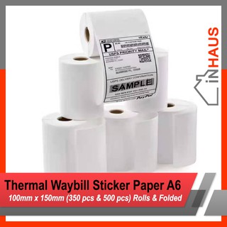 INHAUS A6 THERMAL WAYBILL STICKER 100mmx150mm Rolls 300, 350 & 500 sheets/Folds 500 sheets