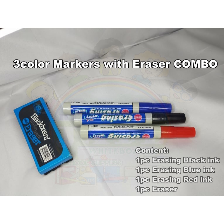 3pcs Erasing Whiteboard Marker RED BLUE BLACK with Eraser COMBO