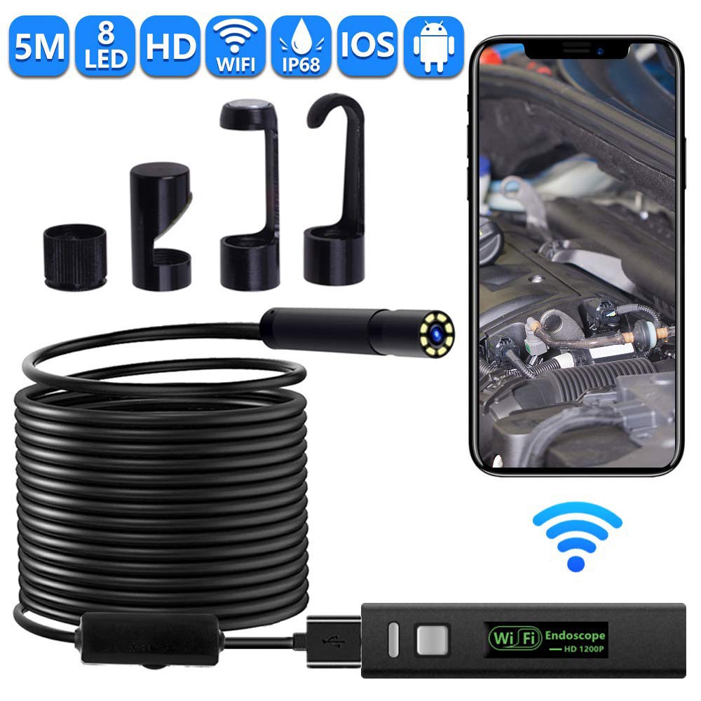 16.5Ft Wireless Endoscope,IP68 Waterproof WiFi Borescope Inspection Camera 5.5mm 2MP Industrial Endoscope Camera Motor Engine Vehicle Pipe Wireless Snake Camera for Android iPhone iOS Phones Tablet 