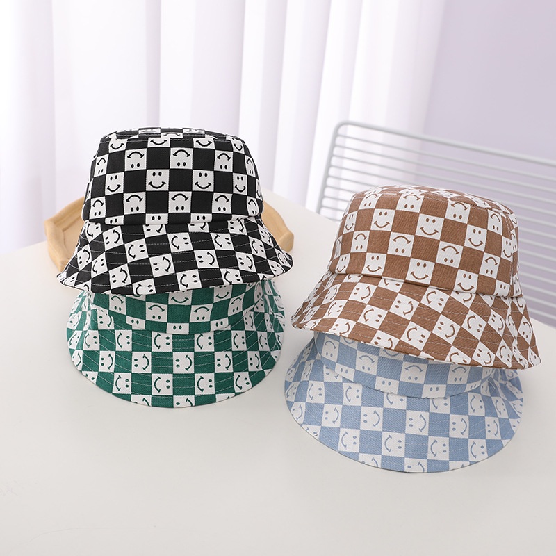 Chessboard lattice smiling face fisherman hat children's street shooting trend basin hat retro travel sunshade hat girl