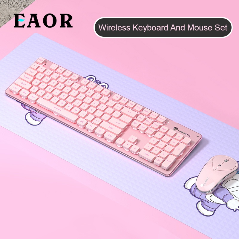 EAOR 2.4G Wireless Keyboard and Mouse Combo with LED Backlit Cute Mute Keyboard Girl's Pink
