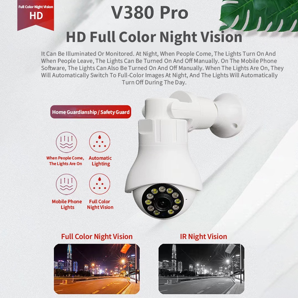 V380 PRO E28 Bulb CCTV Wireless V380 Outdoor Humanoid Auto Tracking 360 WIFI PTZ IP Camera