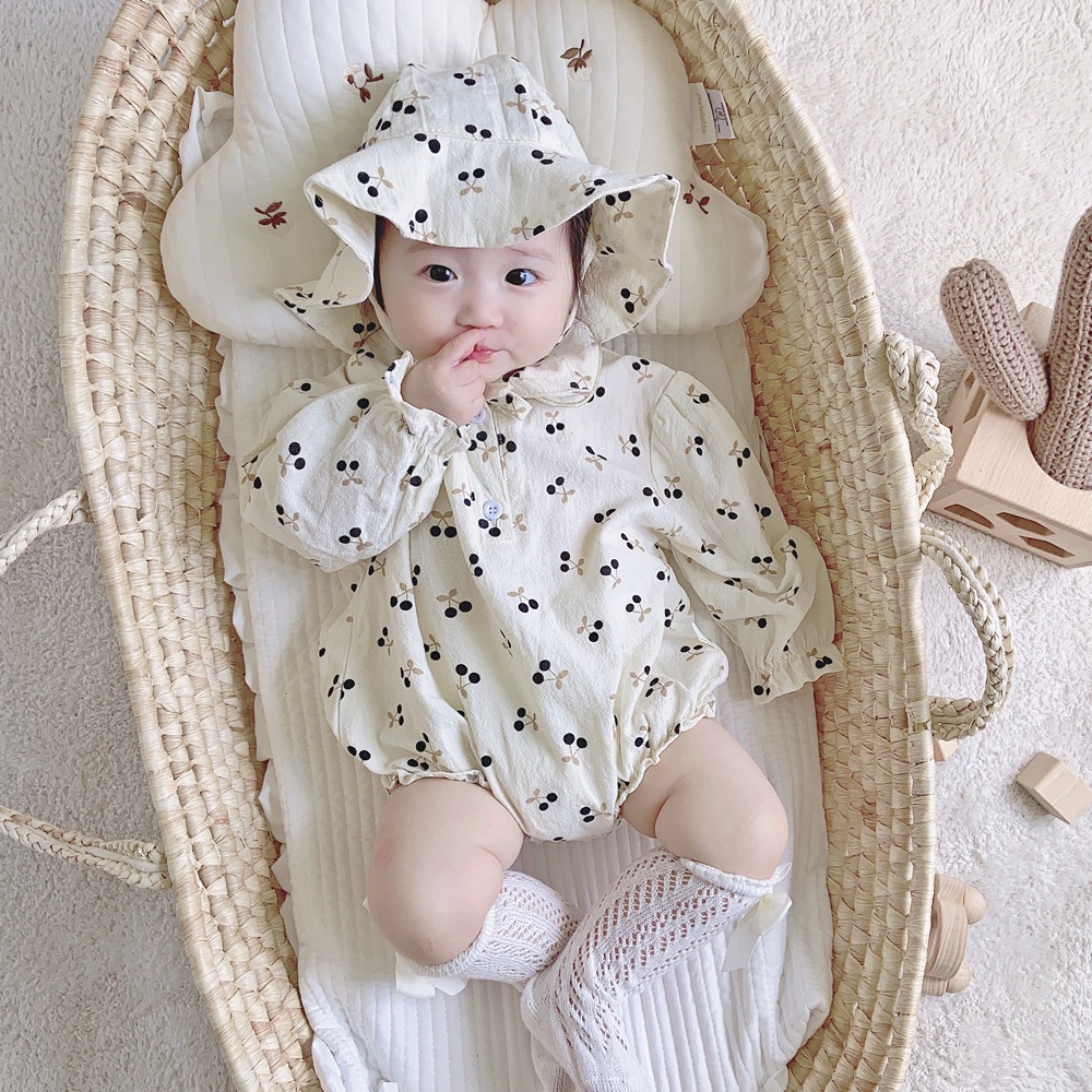 Christening Baby Clothes for Girl Cherry Onesies for Baby Girl Romper + Hat Long Sleeve Bodysuit Cotton Casual Infant Outfit for Birthday