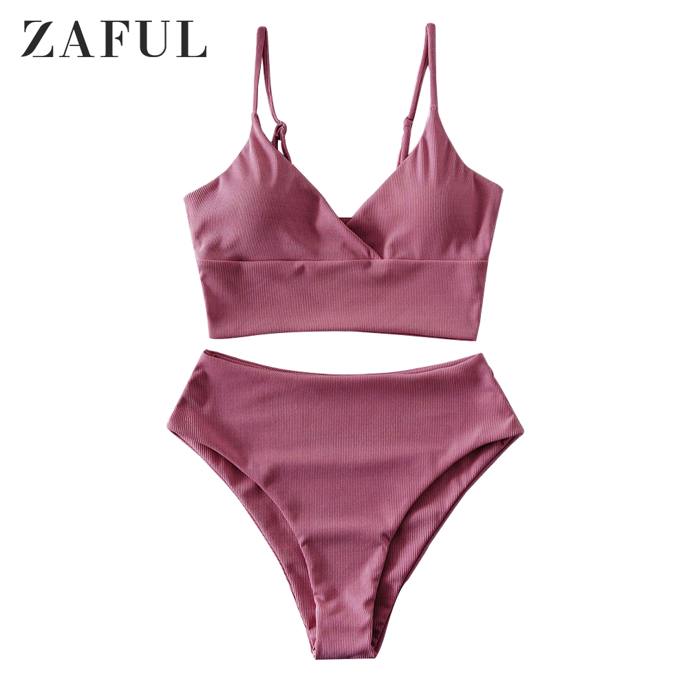 ribbed high cut surplice tankini swimsuit