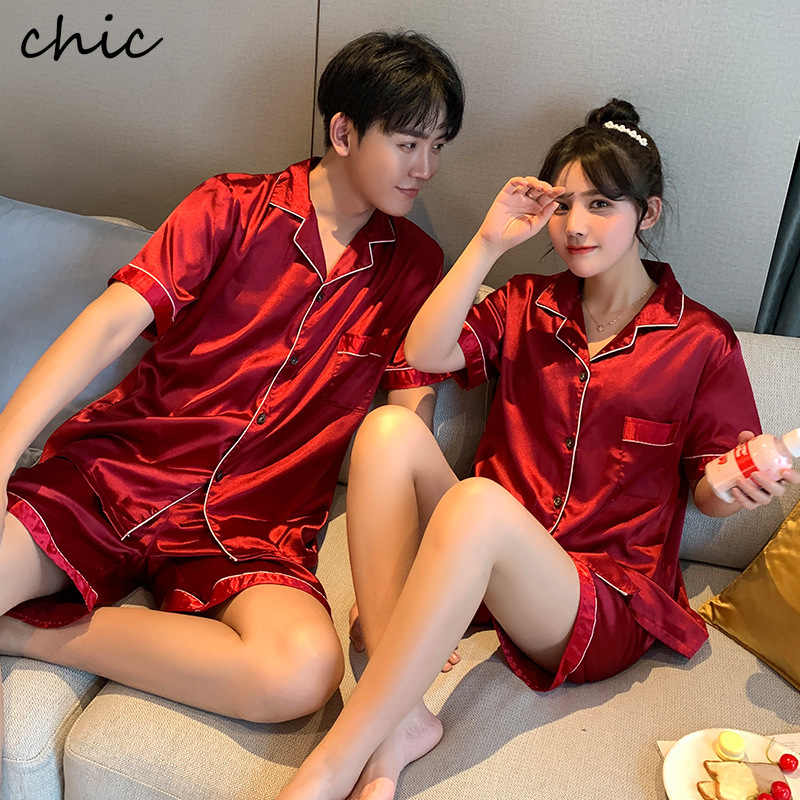 Couple Men Silk Sleepwear Satin Pajamas Set Nightwear Homewear Luxury