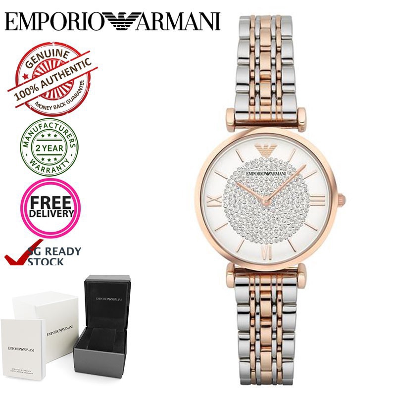 emporio armani slim ladies silver & rose gold watch ar1926