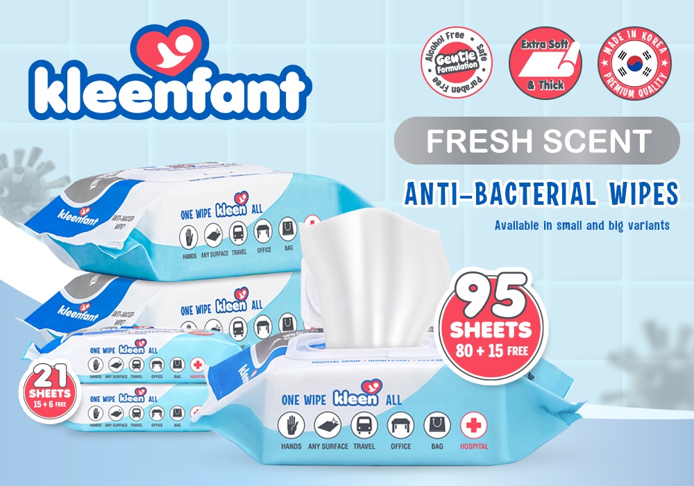 Kleenfant Fresh Scent Antibacterial Disinfectant Cleansing Wet Wipes 95