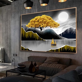 Nordic Golden Ribbon Tree Deer Canvas Art Posters Prints Oil Painting on Canvas Wall Picture for Living Room Home Cuadros Decor