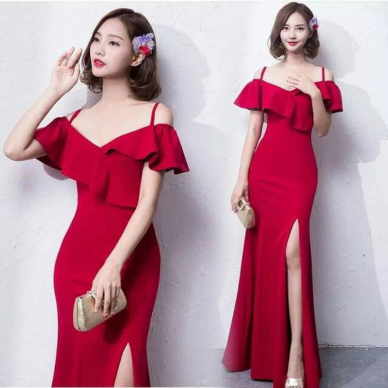 Red Long dress with Slit | Shopee Philippines