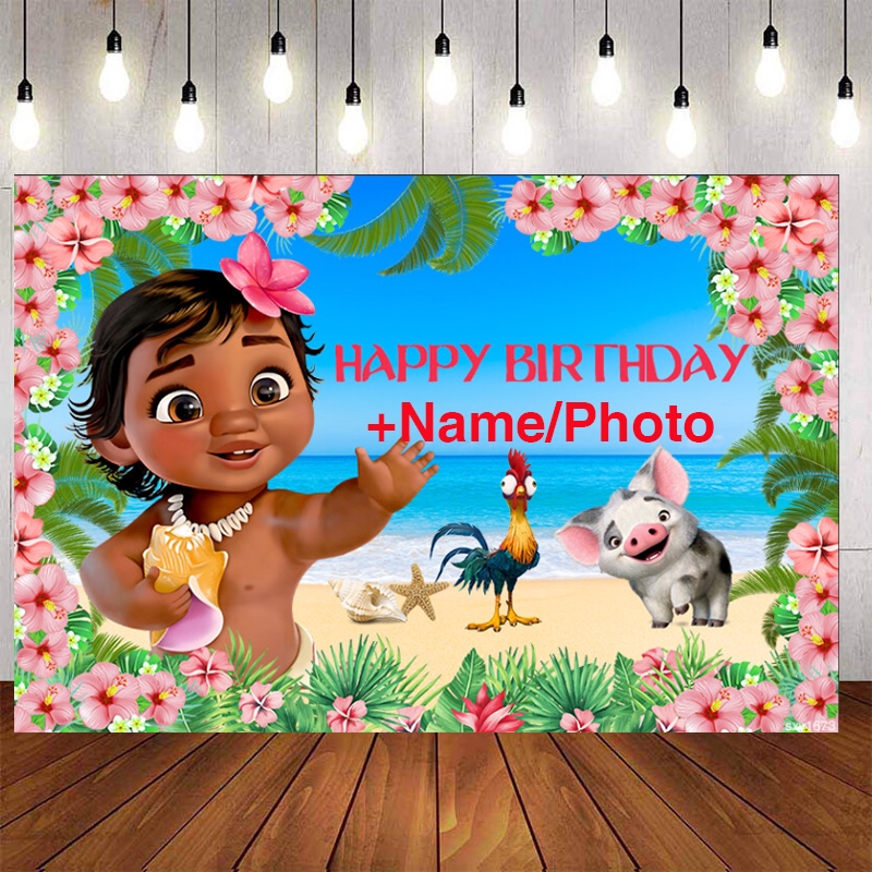 Baby Moana Birthday Backdrop Cartoon Characters Flowers Blue Sea Photography Background For Children Party Decoration Flora Backdrop Custom Name Photo Shopee Philippines