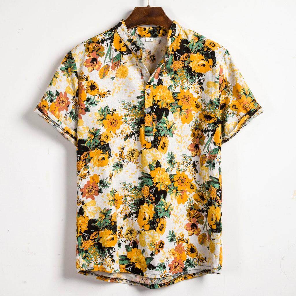 Floral Print Polo Shirt Men Boho Street Style Hawaiian Short Sleeve ...