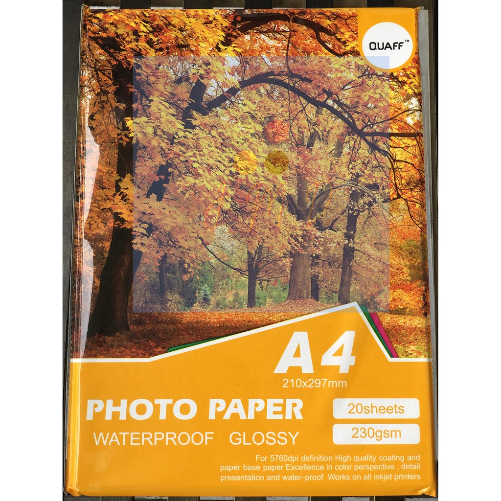 230GSM QUAFF Waterproof Glossy Inkjet Photo Paper A4 Size (20 sheets