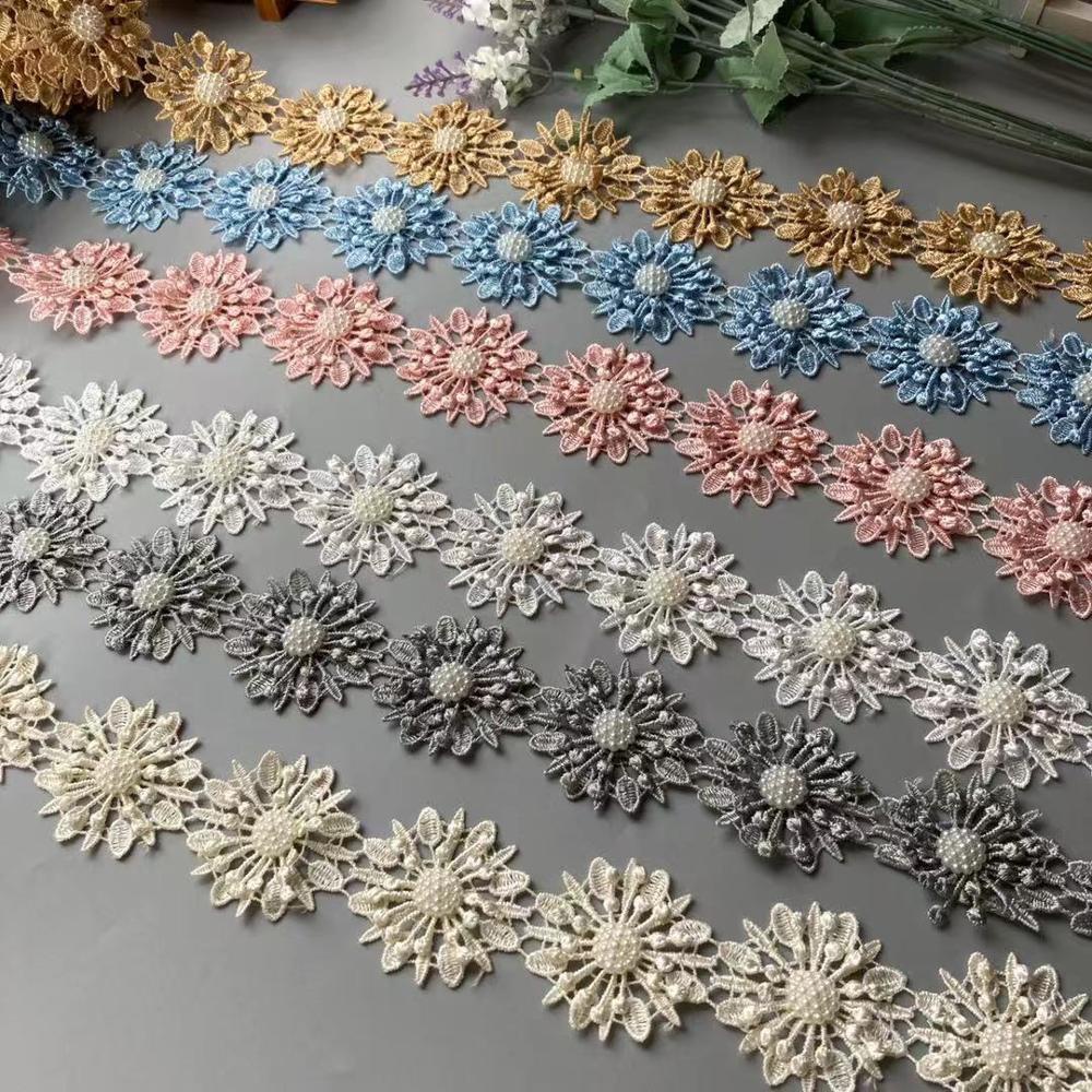 10pcslot Pearl Flower Organza Embroidery Fabric Lace Patch Trim Ribbon Clothes 3d Beading 5944