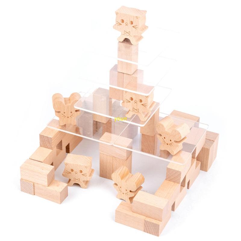 youn Wooden Cat and Mouse Game Toy Sensory Stacking Block Tower Balance
