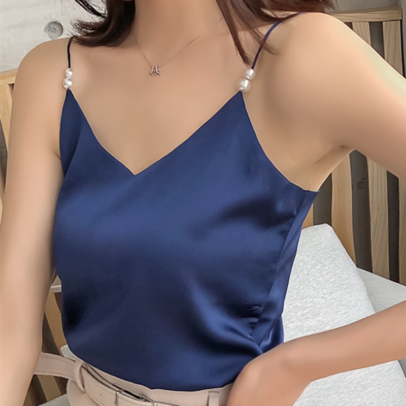 blue satin tank top