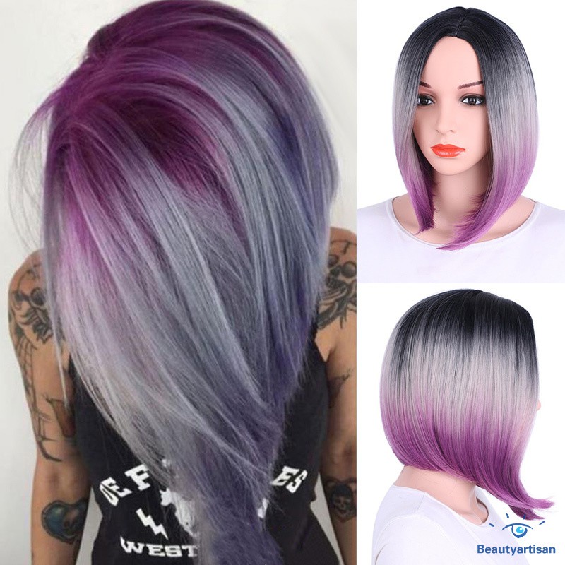 Women Gradient Color Short Hair Wig Synthetic Straight Bobo Hair
