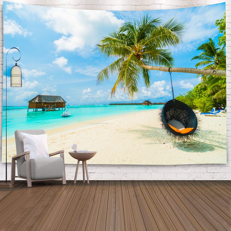 YISURE Summer Beach Coconut Palm Tree Tapestry 200x150cm Blue Sky Clear Water Pool Ocean Wall Tapestry for Bedroom 