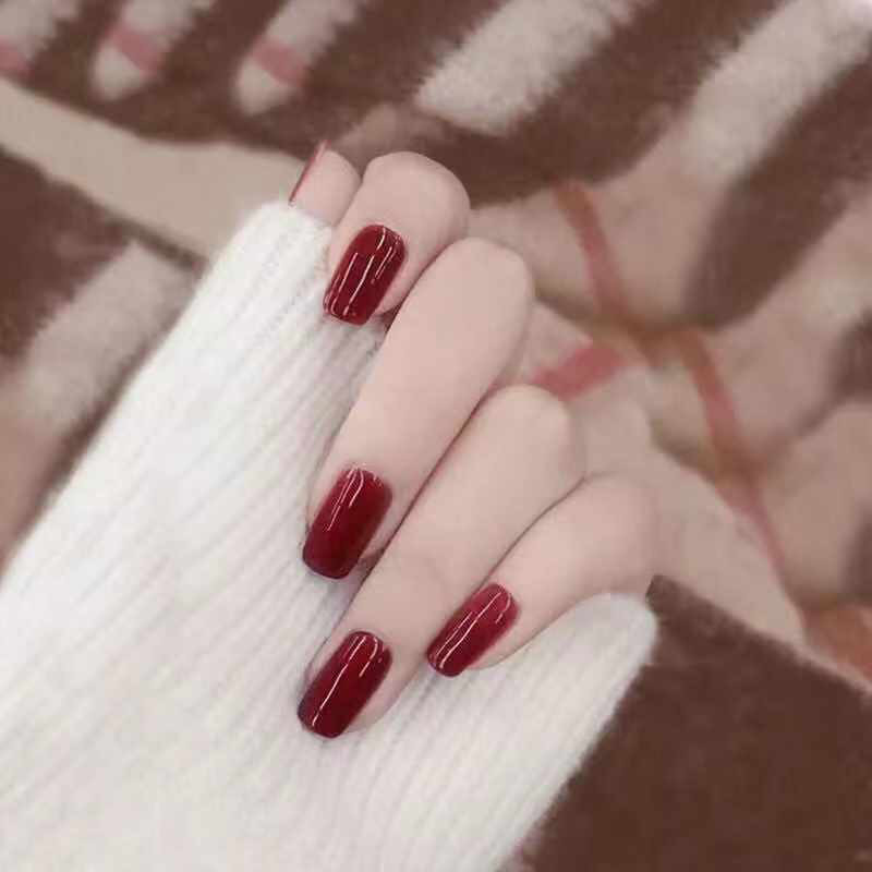 With Glue 24 Pcs Fake Nails Long Square Head Solid Color Dark Wine Red Fake Nails Finished Nails Bright Nail Sticker Shopee Philippines