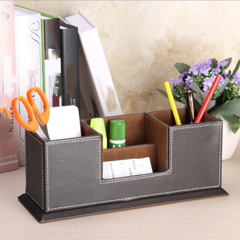 Office Pencil Holder Pu Leather Multifunctional Desk Supplies