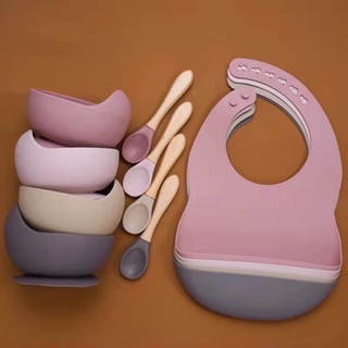 3pcs Set Baby Feeding Tools Infant Silicon Plate Set Suction Bowls Silicon Bib Kids Bowl Spoon Forks