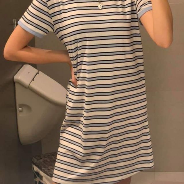 blue and white shirt dress