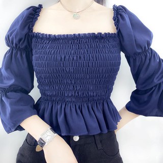【MISS YOU】Smocked Off shouler top 3/4sleeves for women