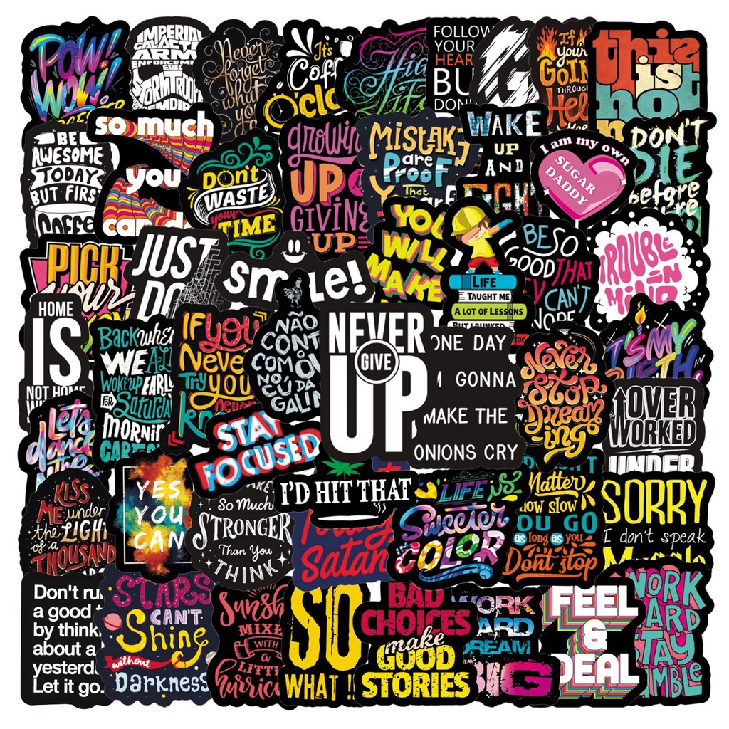 50Pcs English Letters Cartoon Quotes Stickers Laptop Skateboard Luggage Decal US 