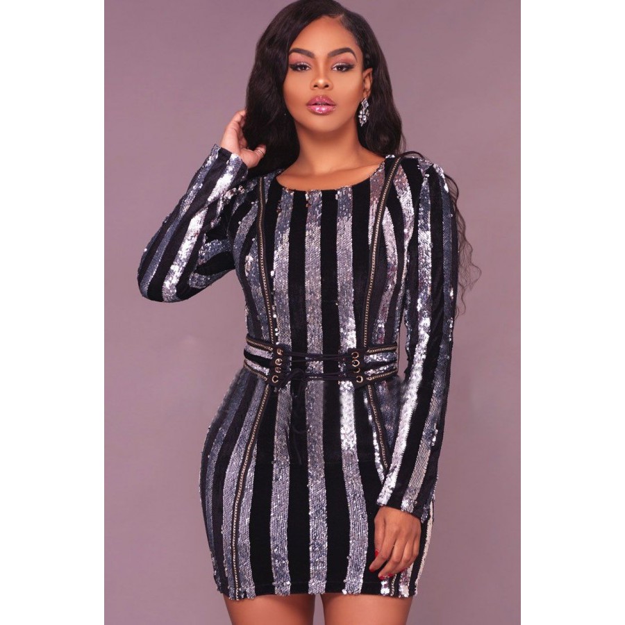 black and silver striped sequin dress