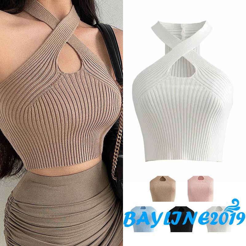 BAY-Women Close-fitting Simple Style Tank Tops Solid Color Halter Neck  Sleeveless Crop Tops | Shopee Philippines
