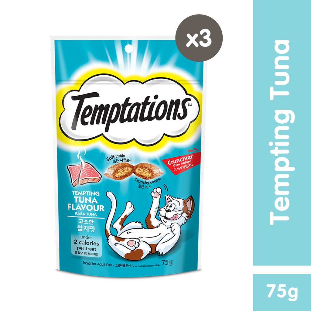 TEMPTATIONS Cat Treats (3-Pack), 75g. Treats for Cats in Tempting Tuna Flavor