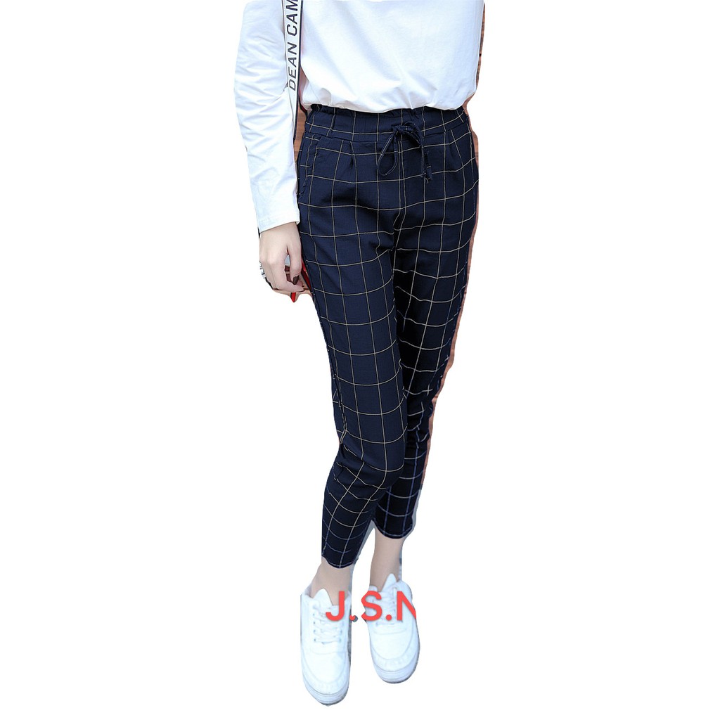 Womens Checkered Print Trousers Pants 