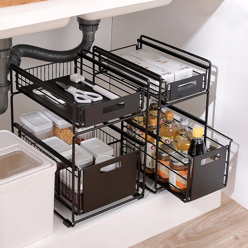 2 Tier Under Sink Organizers with Sliding Storage Drawer, Heavy