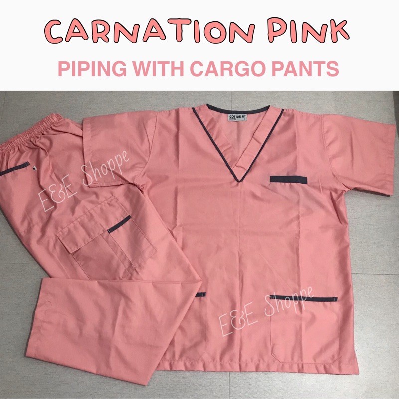 SCRUB SUIT Lacoste Cotton (CARNATION PINK Piping with CARGO PANTS