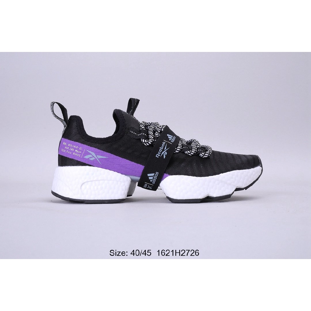 black and purple running shoes