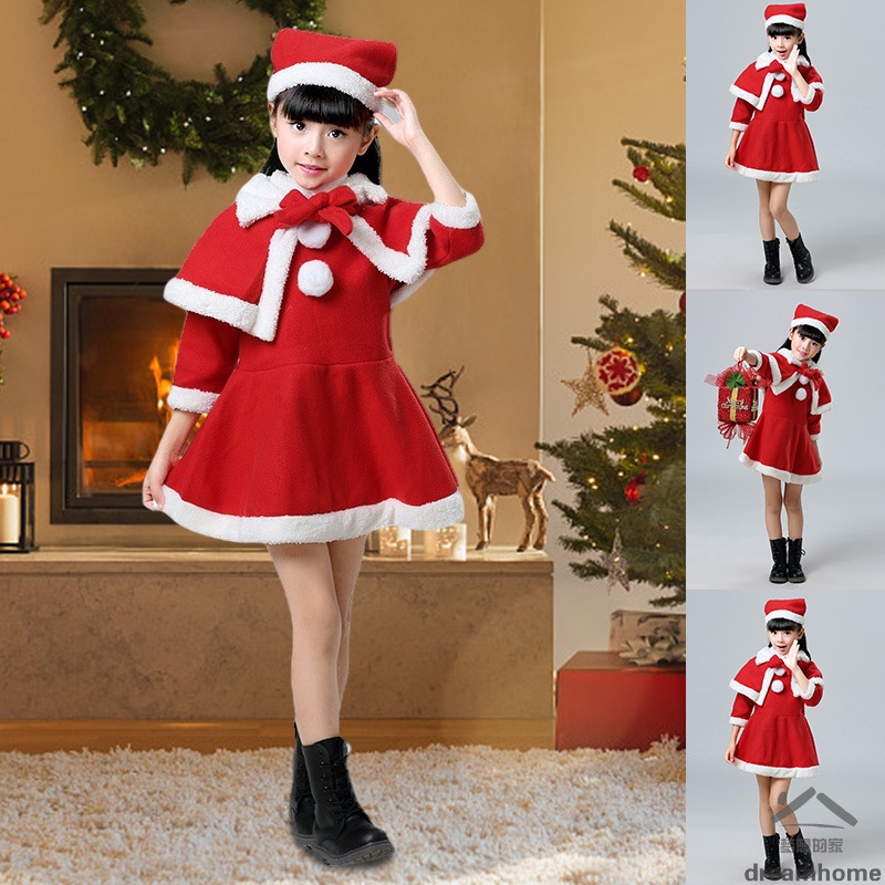 Girl Christmas Outfit Santa Claus Costume Red Long-sleeved Dress with ...