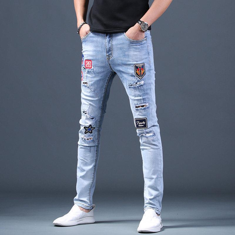 Ripped Embroidered Jeans Men s Slim Stretch | Shopee Philippines