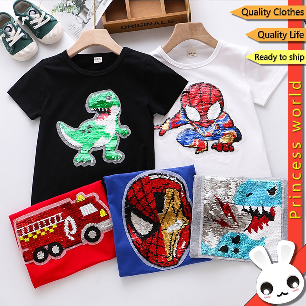 Cool Transform Kids Boy T Shirt Clothing 2 Sides Sequin Top Baby Shirt Kids Shirt Change Color Spiderman And Dinosaur Shopee Philippines - mr bean baby t shirt roblox