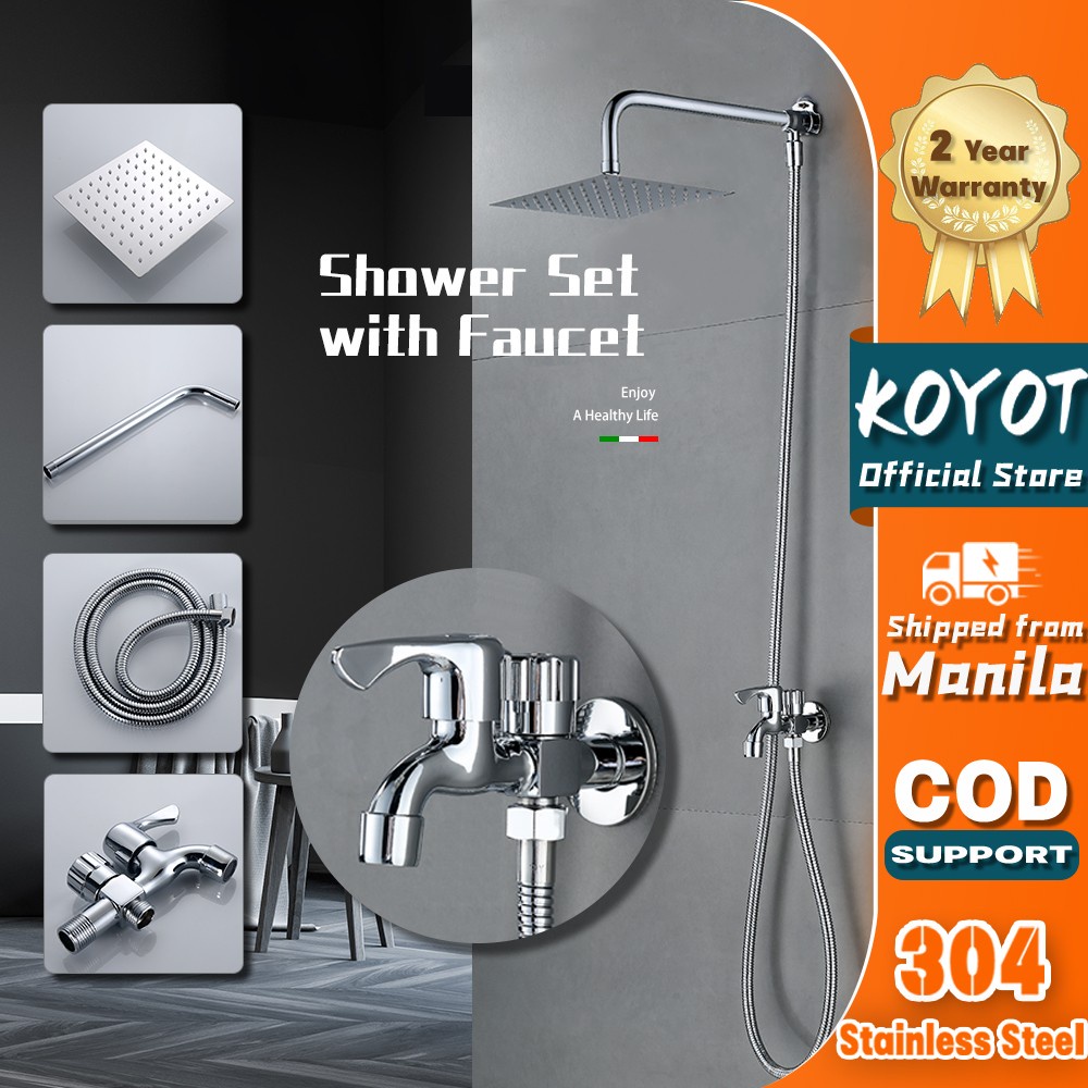 KOYOT 304 Stainless Steel Bathroom Square Rain Shower Set with 1 in 2