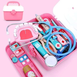 Wooden Doctor Dentist set with 29 accessories and carry on box for kids play pretend toys