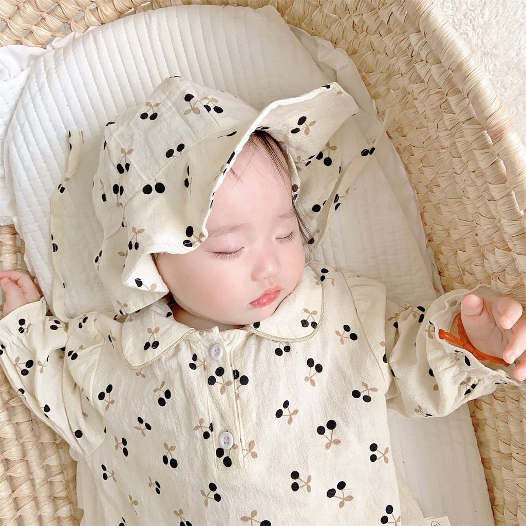 Christening Baby Clothes for Girl Cherry Onesies for Baby Girl Romper + Hat Long Sleeve Bodysuit Cotton Casual Infant Outfit for Birthday