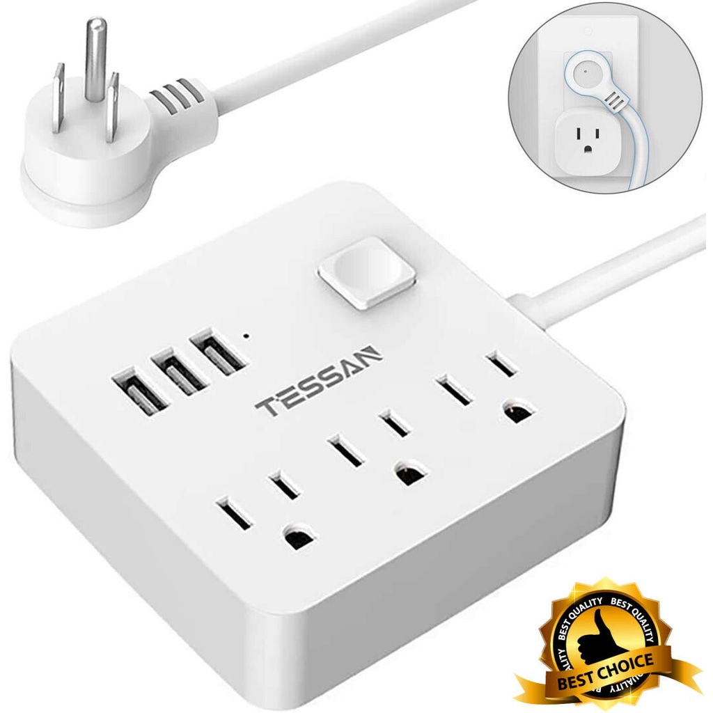 TESSAN Flat Plug Power Strip with 3 Outlets 3 USB Ports 5ft Long