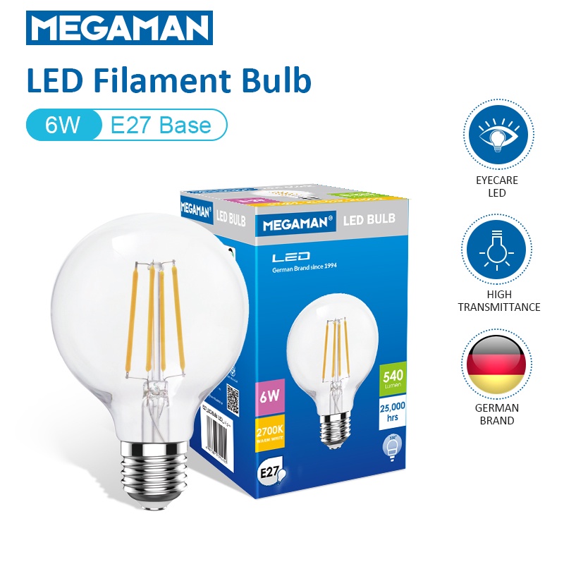 Megaman Led Filament Bulb G80 6W E27 2700K Warm White Clear Glass Lighting Lamp Edison Bulb