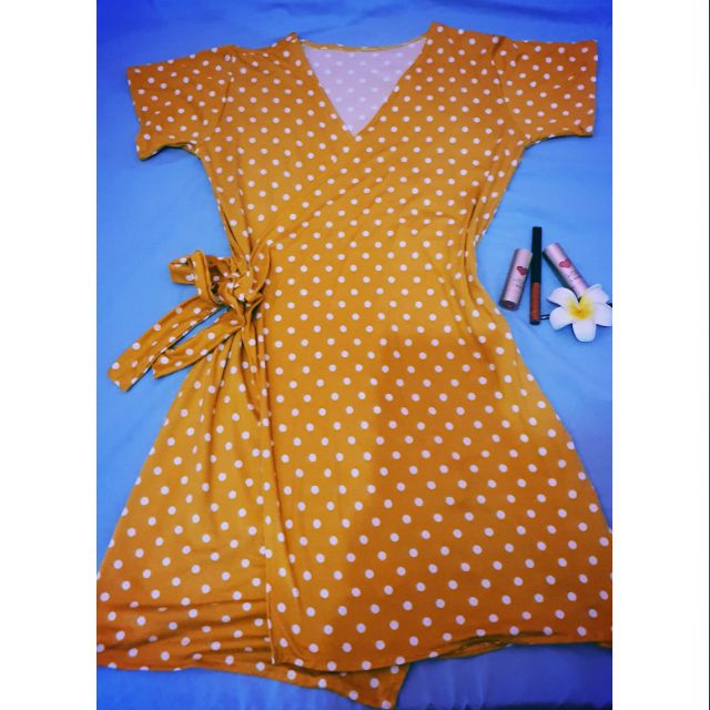 orange polka dot wrap dress