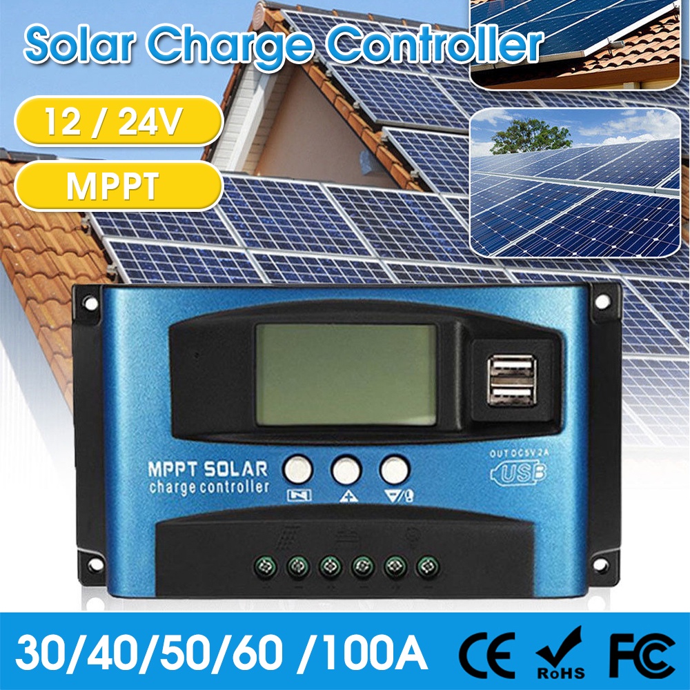 Ymiko MPPT Solar Charge Controller 40A 50A 60A 100A Solar Panel Regulator Charge Battery Regulator Dual USB Port Negative Ground W/LCD Display 12V 24V 100A 