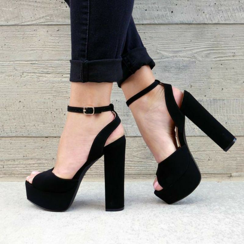 5 Inches Black Platform Chunky Heels | Shopee Philippines