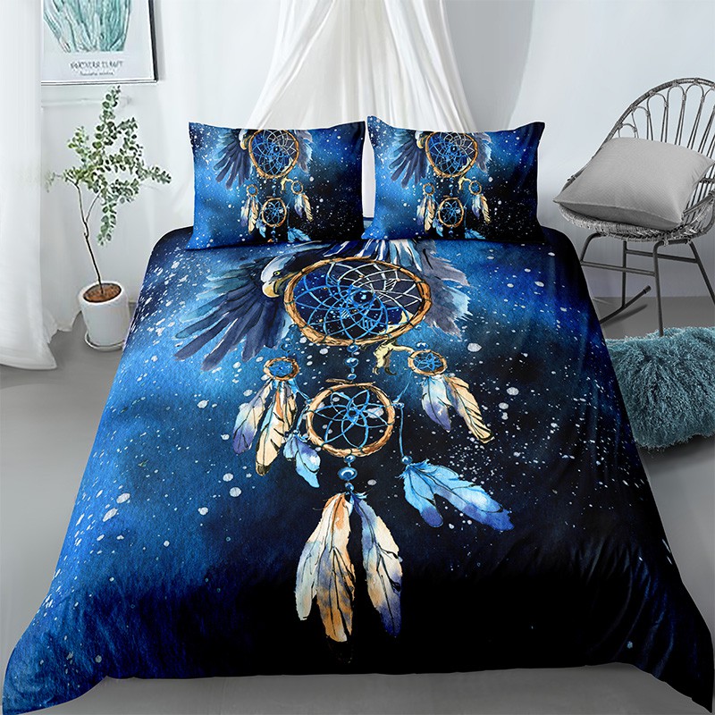 3d Blue Feather Duvet Cover Comforter, Dream Catcher Bedding Queen