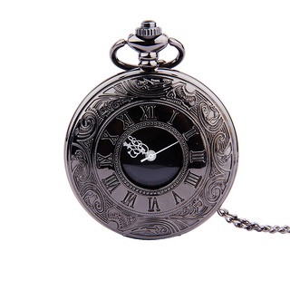 Classical Black Double Display Roman Scale Pocket Watch Necklace Pendant Necklace