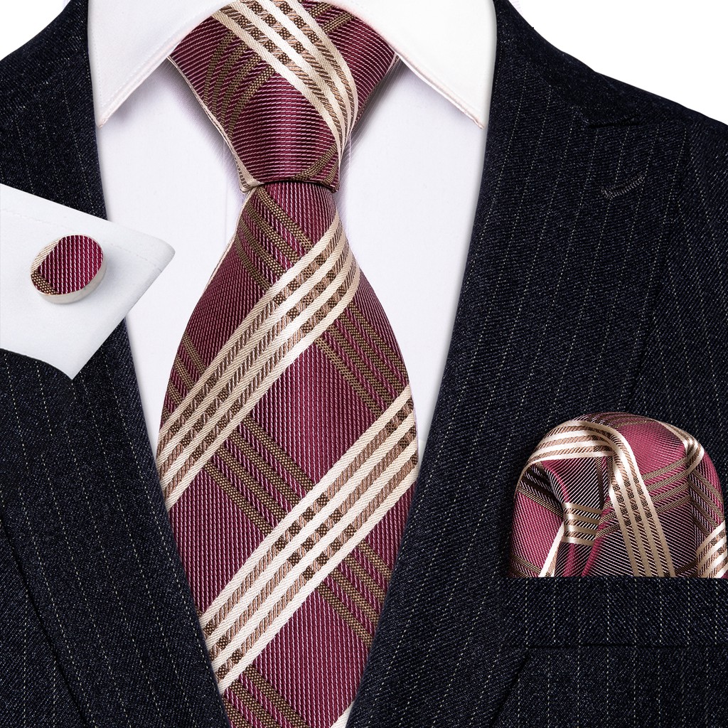 YOHOWA Check Tie Set Men Pocket Square Cufflinks Silk Plaid Business Tie Wedding Fashion 