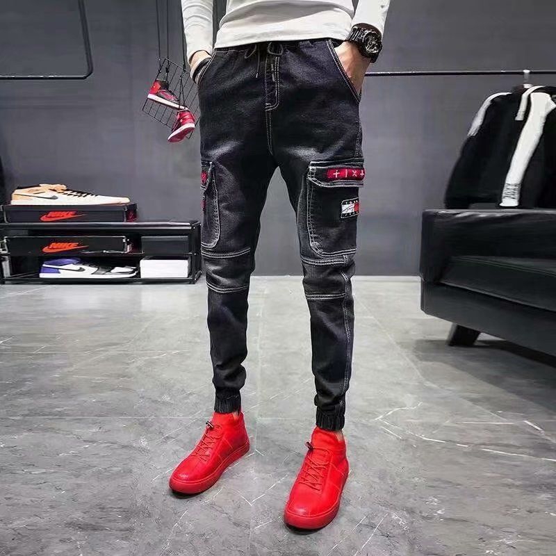 red distressed jeans