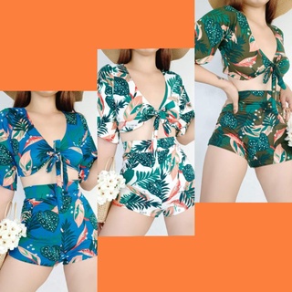 ✶✑▽ATtrendS Kimono Terno Floral self tie crop and short swimsuit coords beach set